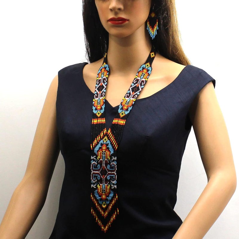 Native Tribal Style Long Statement Beaded Necklace for Women Handmade